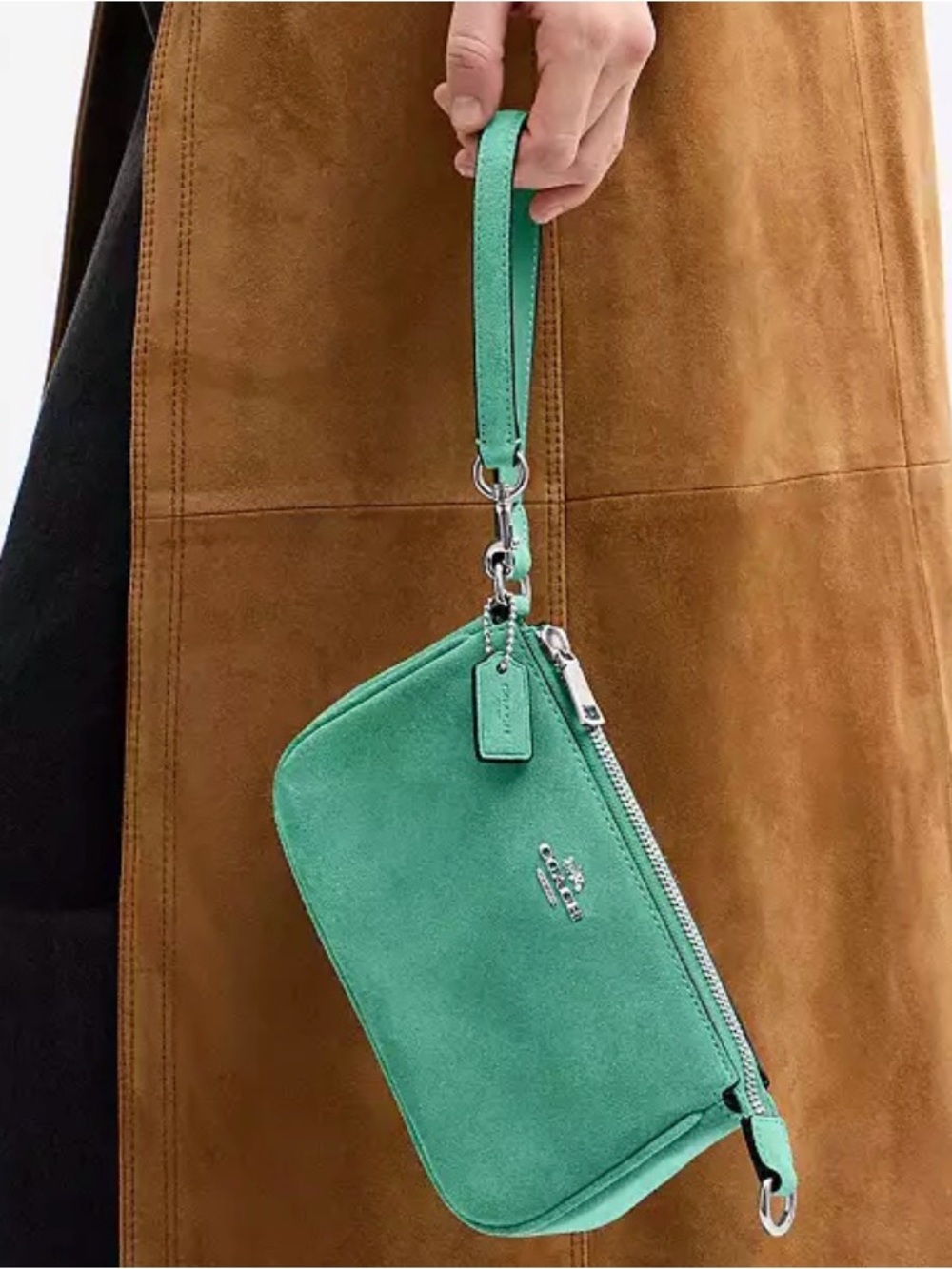 Coach Nolita 19 Green Suede Wristlet with Silver Hardware.  New no tag